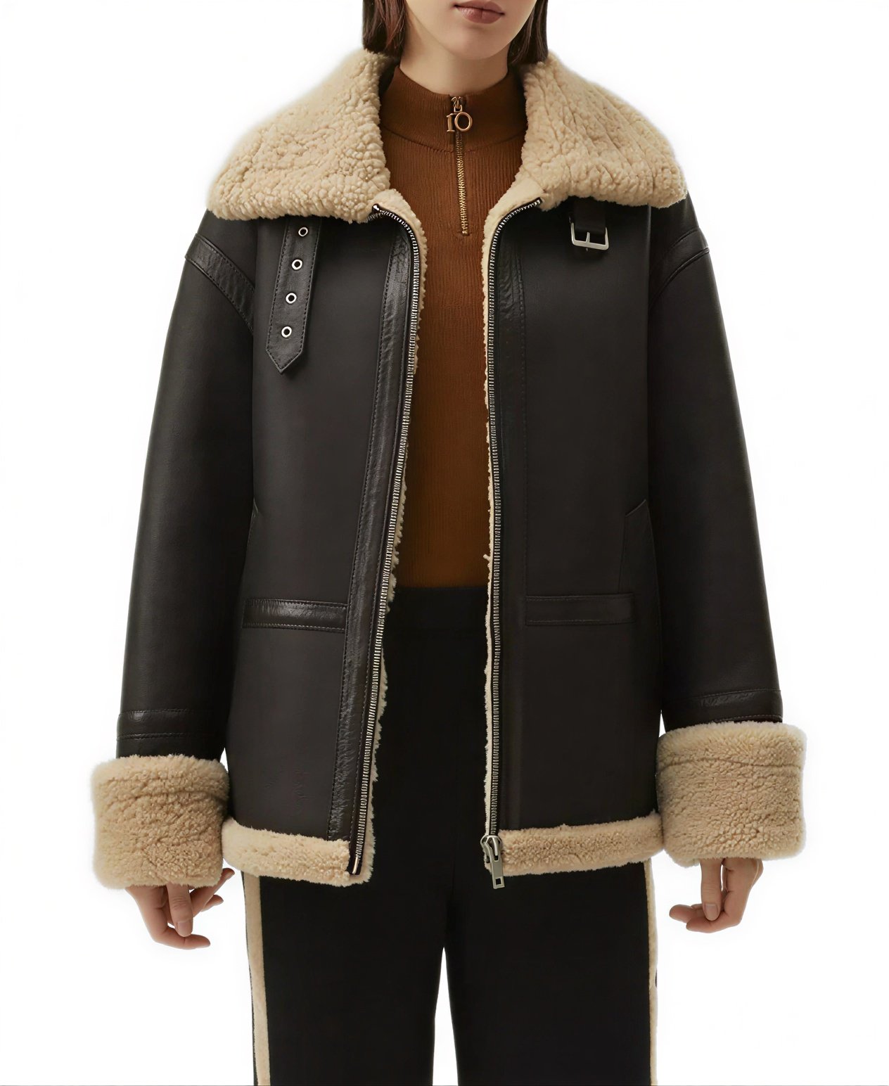 Women'S Black Faux Sherpa Leather Jacket 3 Women'S Black Faux Sherpa Leather Jacket Front - Trendy Leather Jackets