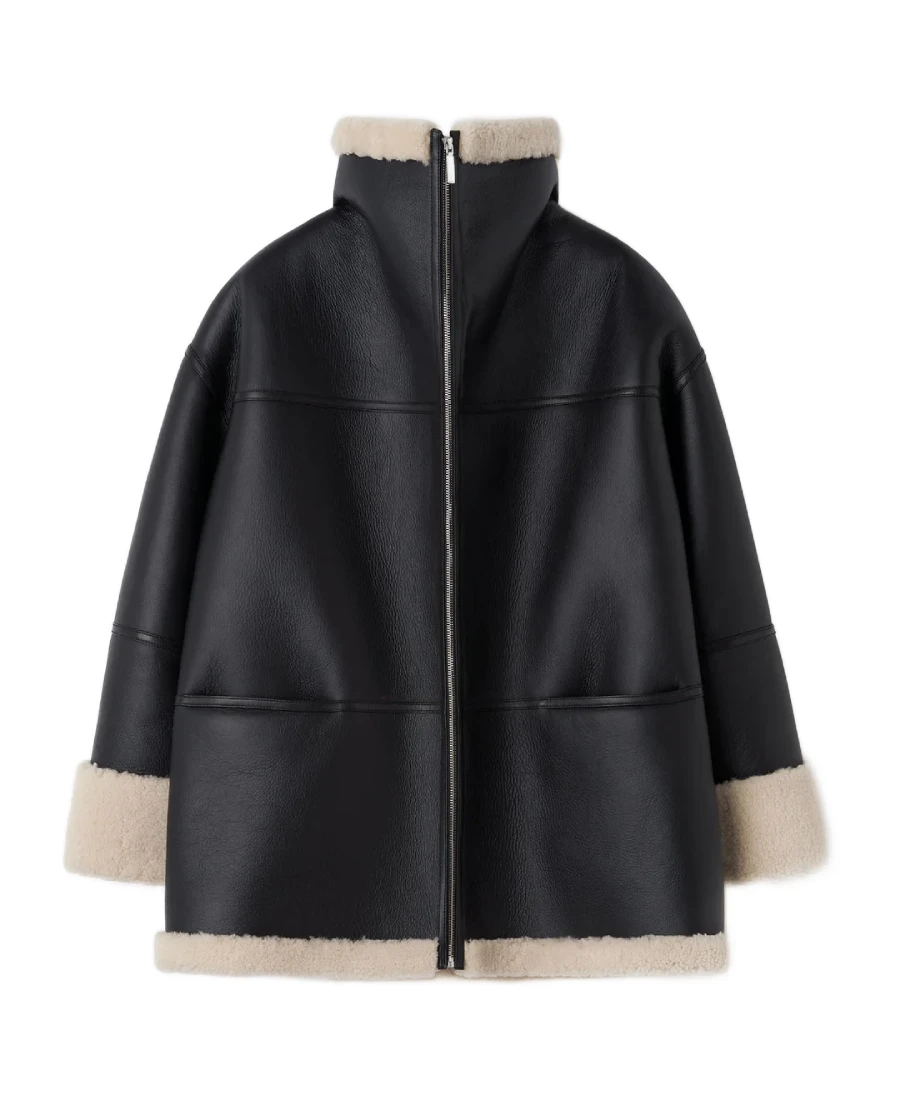 Women'S Black Oversized Leather Shearling Jacket 5 Women'S Black Oversized Leather Shearling Jacket Front - Trendy Leather Jackets