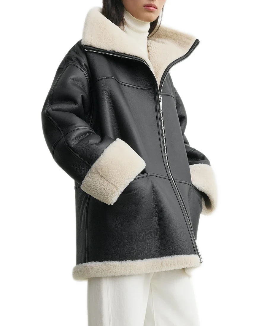 Women'S Black Oversized Leather Shearling Jacket 3 Women'S Black Oversized Leather Shearling Jacket Side - Trendy Leather Jackets