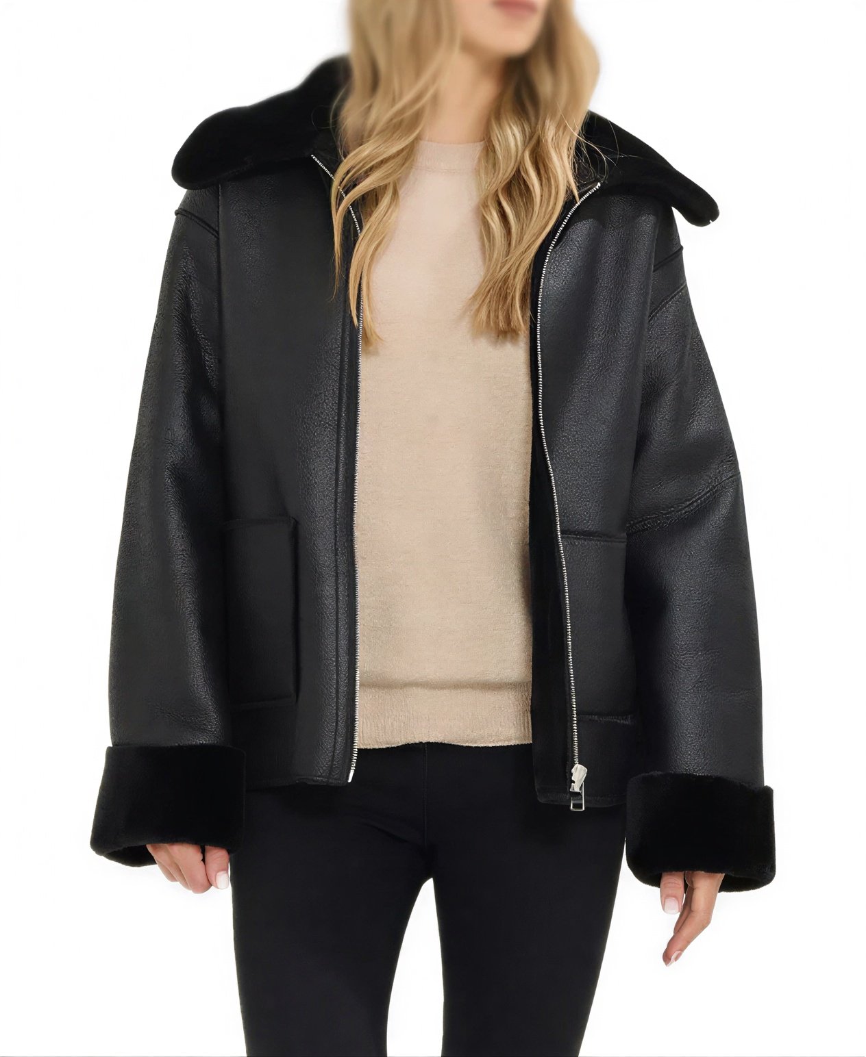 Women'S Black Shearling Aviator Leather Jacket 1 Women'S Black Shearling Aviator Leather Jacket Front - Trendy Leather Jackets