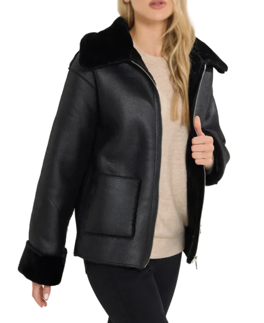 Women'S Black Shearling Aviator Leather Jacket 3 Women'S Black Shearling Aviator Leather Jacket Side - Trendy Leather Jackets