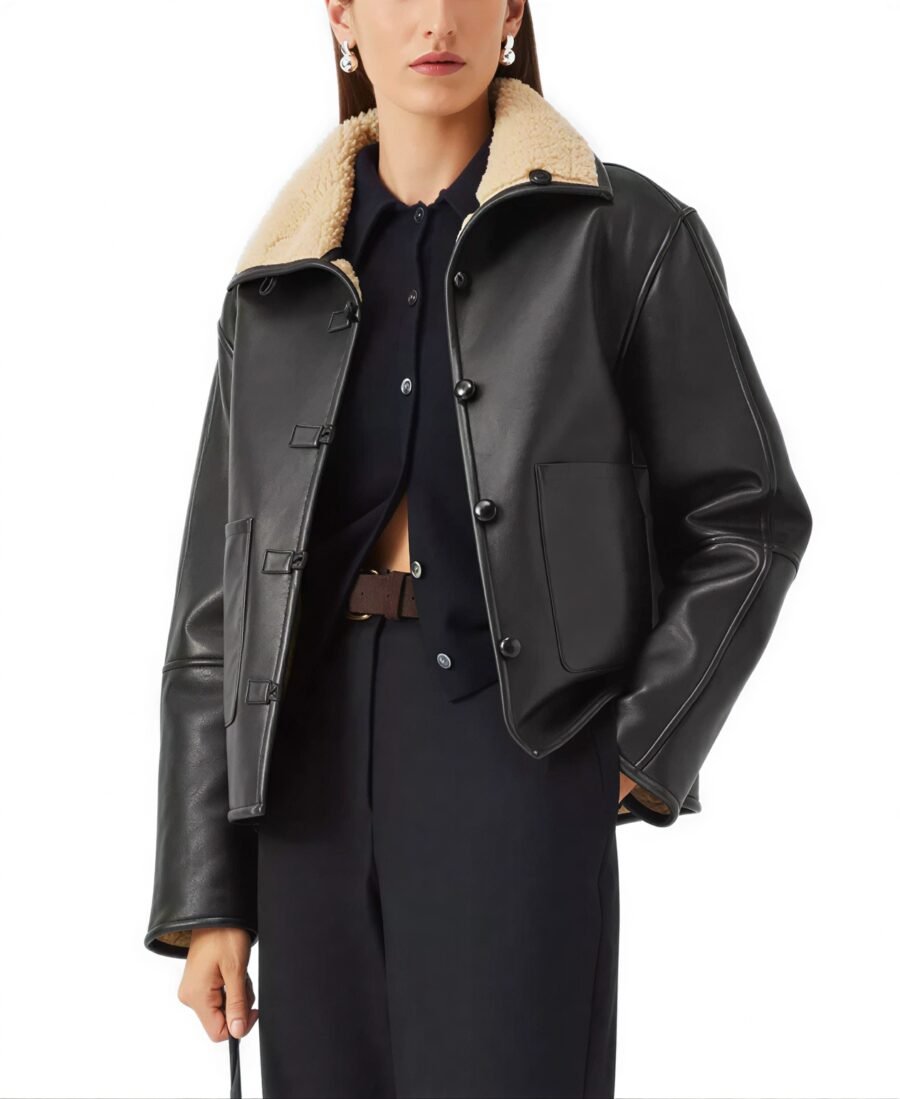 Women'S Black Sherpa Collar Leather Jacket 6 Women'S Black Sherpa Collar Leather Jacket Front - Trendy Leather Jackets