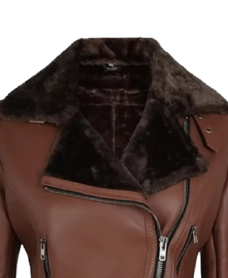 Women'S Cognac Shearling Moto Leather Jacket 3 Women'S Cognac Shearling Moto Leather Jacket Closeup - Trendy Leather Jackets