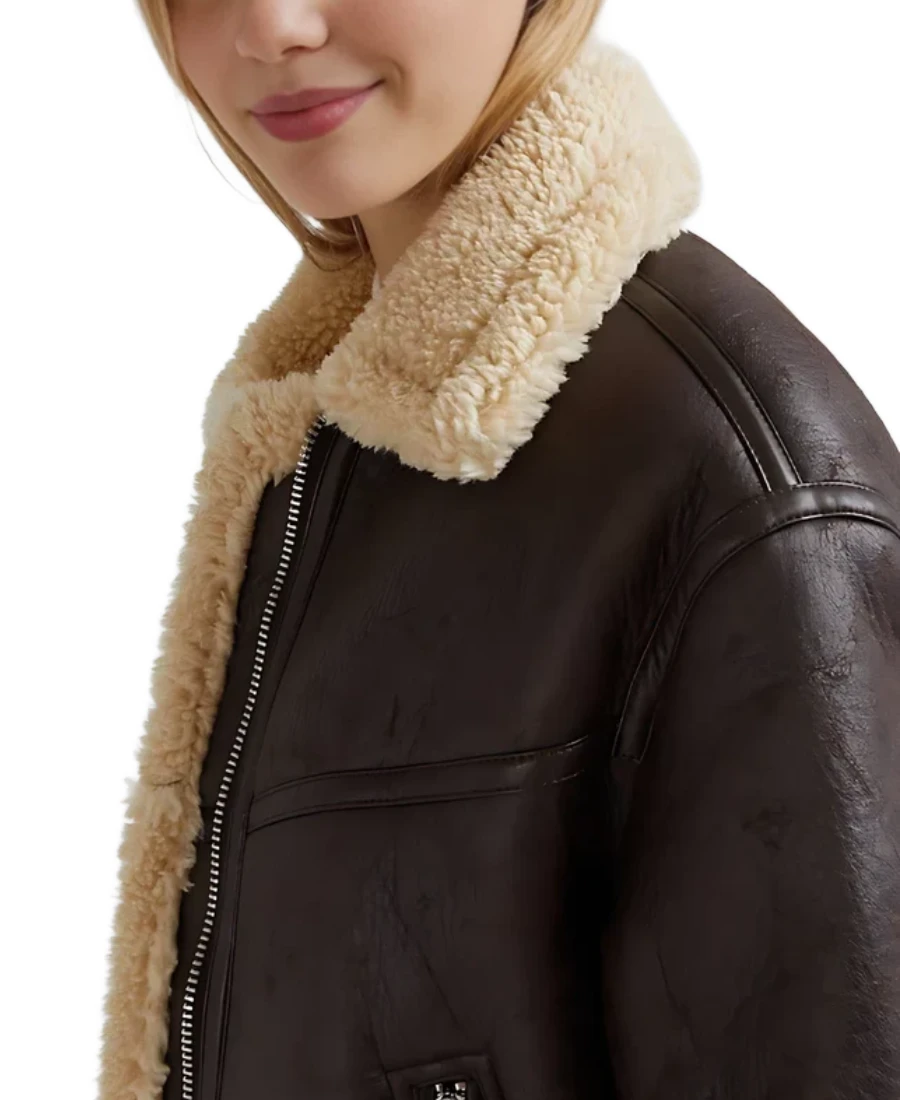 Women'S Dark Brown Shearling Bomber Jacket 3 Women'S Dark Brown Shearling Bomber Jacket Closeup - Trendy Leather Jackets