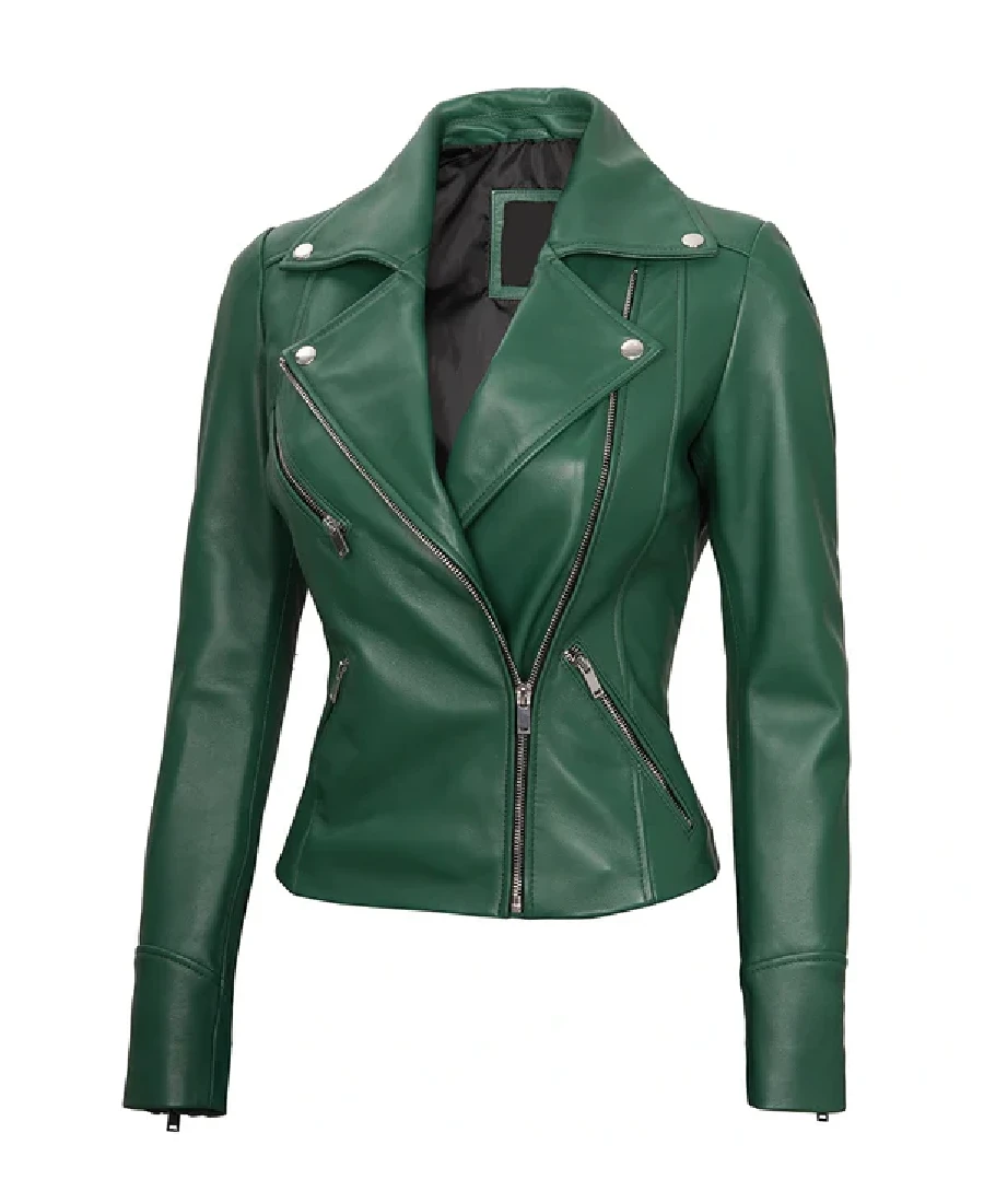 Women'S Green Cafe Racer Leather Jacket 3 Women'S Green Cafe Racer Leather Jacket Front - Trendy Leather Jackets