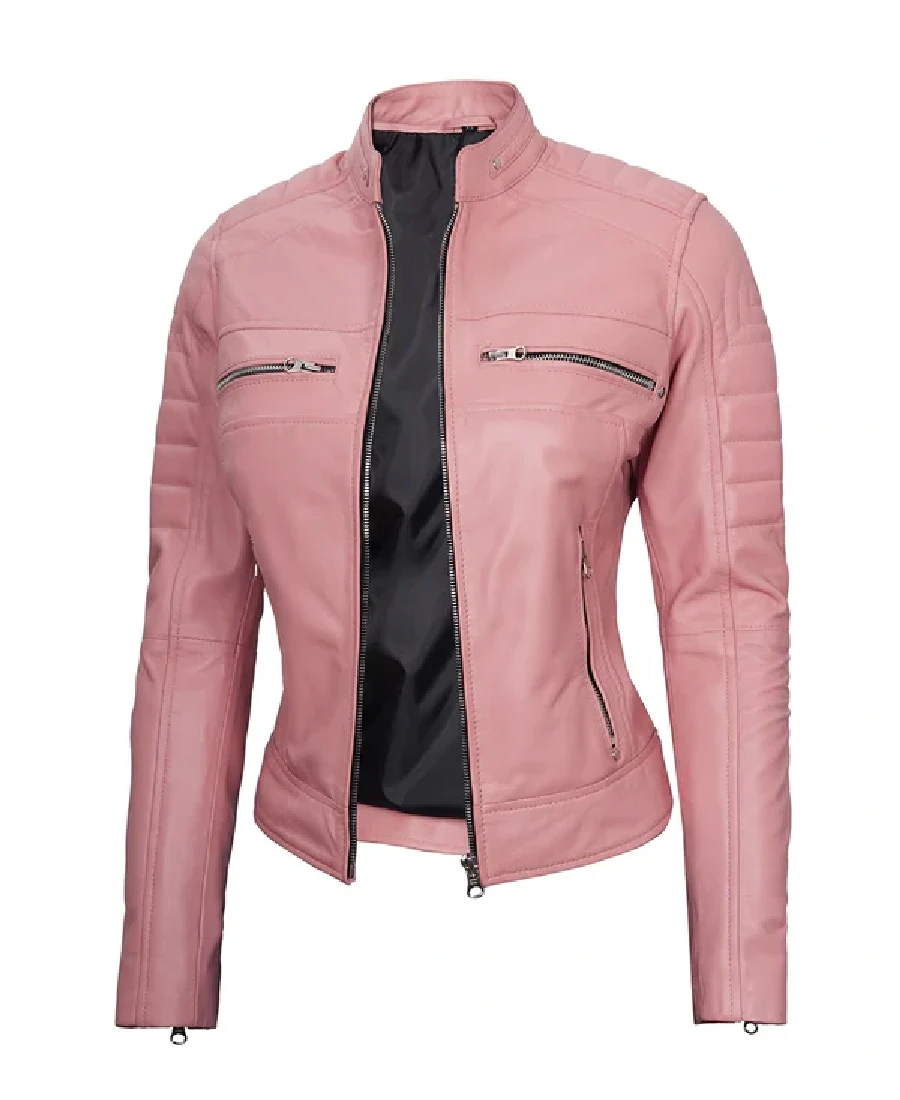 Women'S Pink Biker Leather Jacket 4 Women'S Pink Biker Leather Jacket Side View - Trendy Leather Jackets