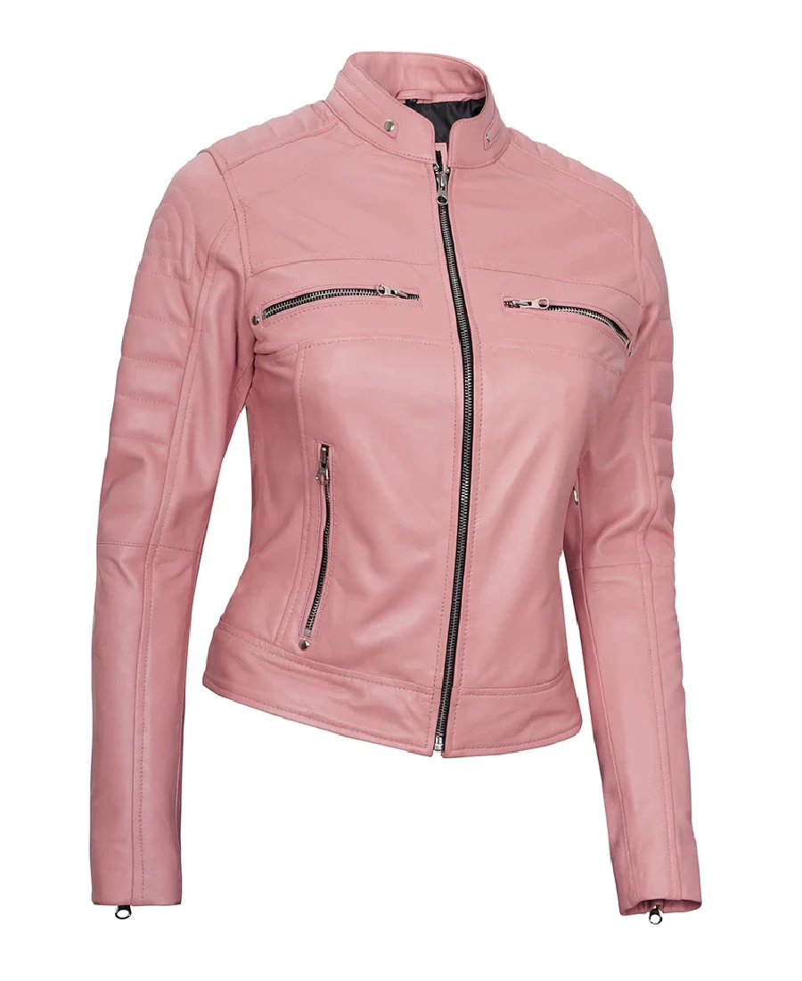 Women'S Pink Biker Leather Jacket 3 Women'S Pink Biker Leather Jacket Side - Trendy Leather Jackets