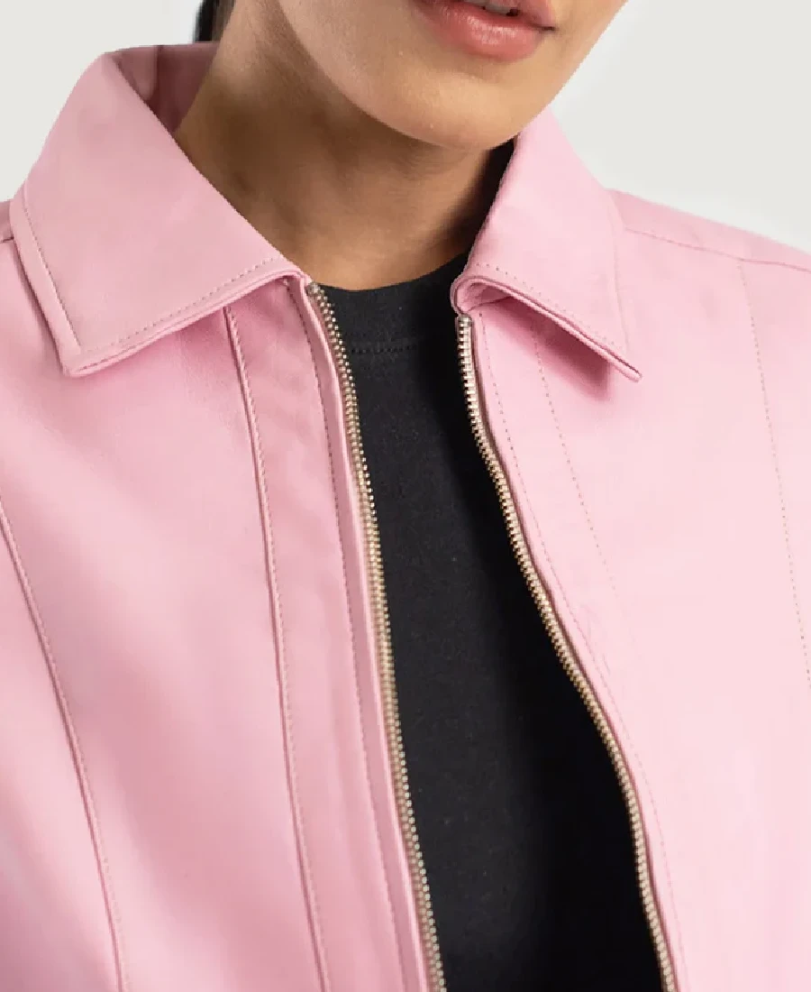 Women'S Pink Leather Jacket 4 Women'S Pink Leather Jacket Closeup - Trendy Leather Jackets