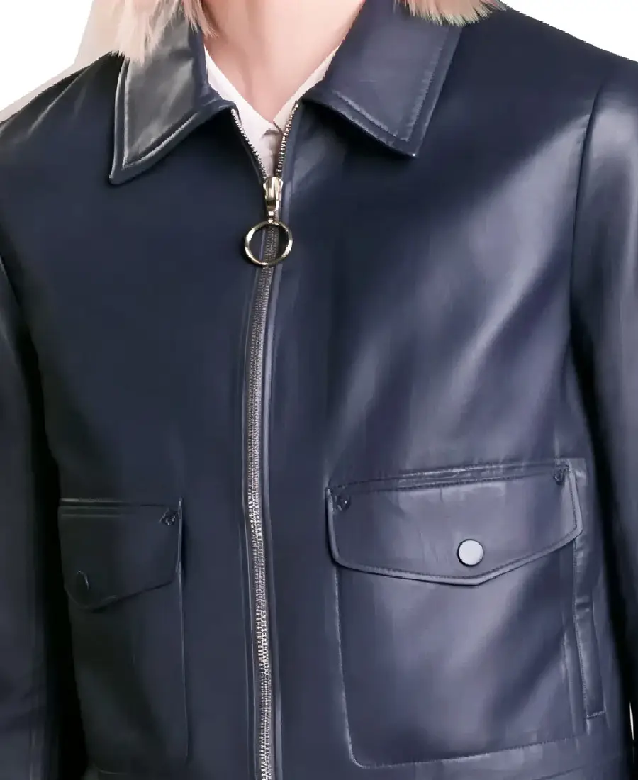 Women'S Navy Cropped Leather Jacket 3 Women'S Navy Cropped Leather Jacket Closeup - Trendy Leather Jackets