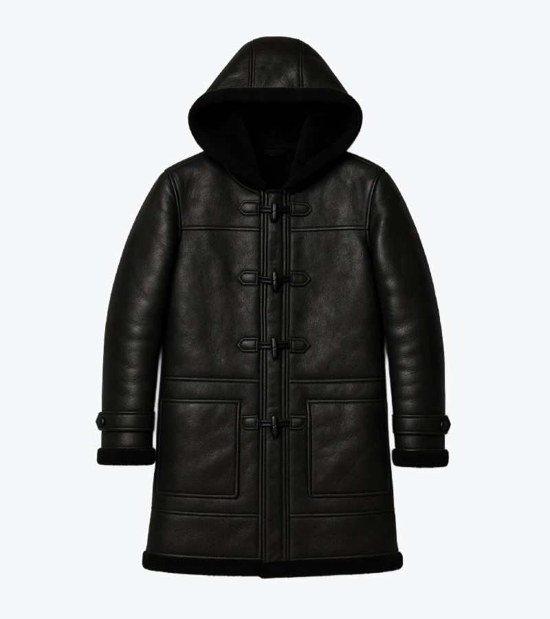 Men's Black Hooded Sheepskin Leather Long Coat Front