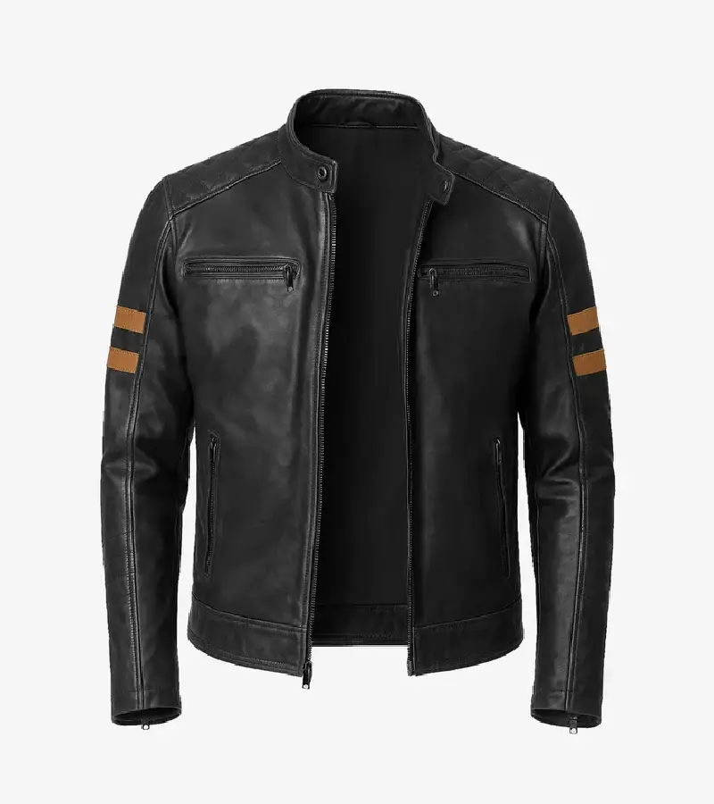 Men's Black leather Yellow Stripes Biker Jacket