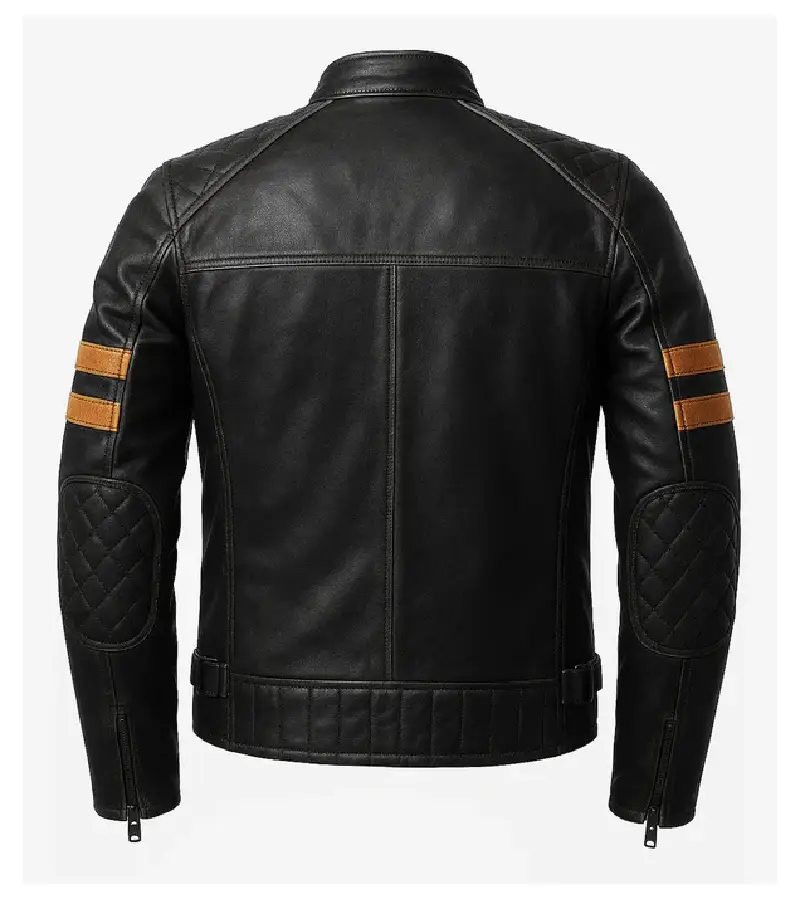 Shop The Men's Black leather Yellow Stripes Biker Jacket