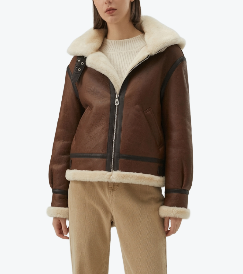 Women's Brown Sheepskin Aviator Leather Jacket Front