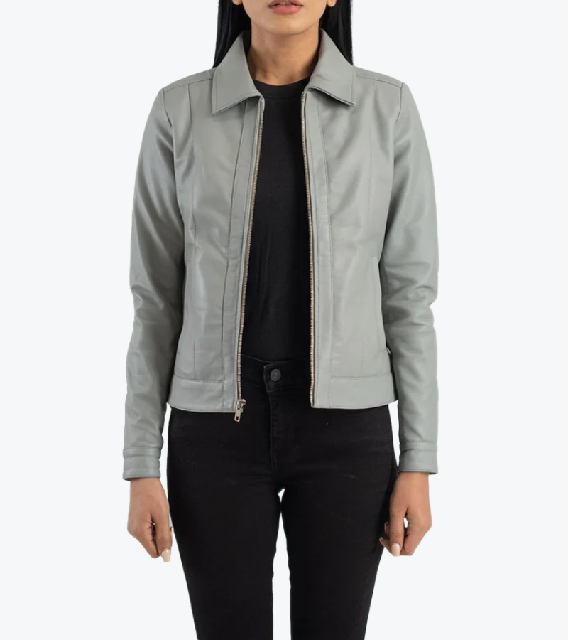 Women's Grey Lambskin Leather Jacket Front