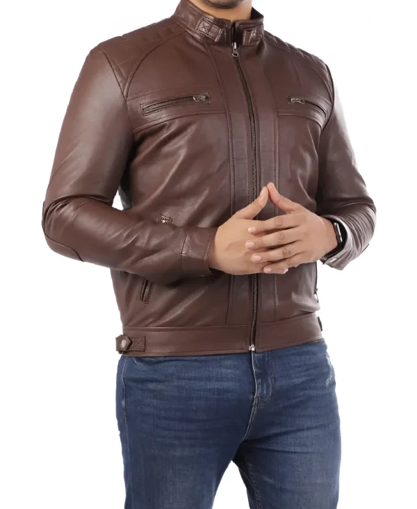 Casual Brown Signature Diamond Lambskin Leather Jacket 3 Casual Brown Signature Diamond Lambskin Leather Jacket - Image 3