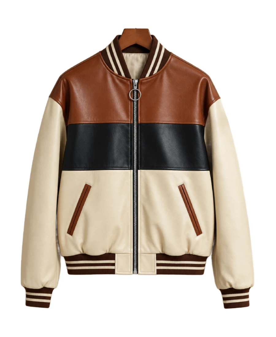 Mens Brown and White Cowhide Leather Jacket